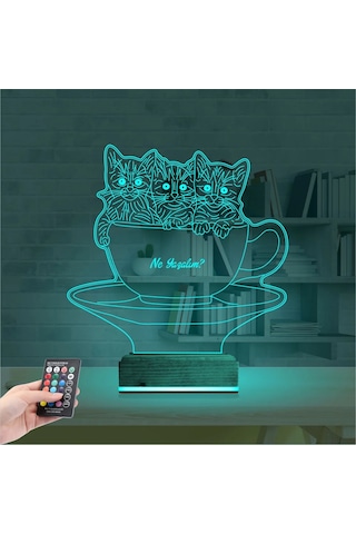 Luvivia Kedi Fincan Tasarım Kişiye Özel 3d Lamba - Masa Gece Lambası Şeffaf