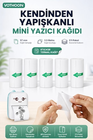 Kendinden Yapışkanlı Çocuk Kamera Baskı Kağıdı, 5'li Rulo 57x25mm Baskı Termal Kağıt Rulo