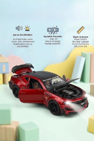 Işıklı Sesli Pilli 1:24 Ölçekli Metal Chevrolet Camaro Kapısı Kaputu Ve Bagajı Açılan Model Araba Kırmızı