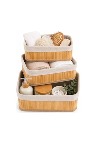 Bambu Organizer Sepet 3 Lü Set Kumaş Kaplı Dekoratif Saklama Kutusu, Çok Amaçlı Düzenleyici Banyo, Mutfak, Dolap Açık Ahşap