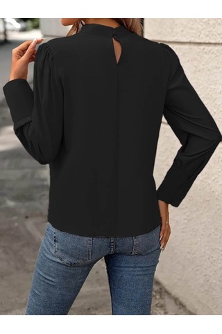 Tua Moda Kadın Uzun Kollu Balıkçı Yaka Önden Dikişli Dokuma Bluz Siyah