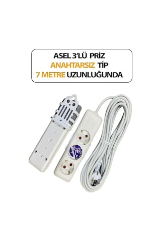 Üçlü, Topraklı, Klemensli, Kablo 7 Metre Uzunluğunda, Askı Aparatlı Grup Priz Anahtarsız Model 3