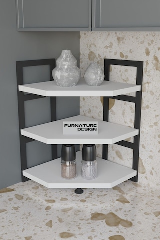 Akın Köşe Baharatlık 3 Raflı Mutfak Tezgah Üstü Köşe Raf - Beyaz Beyaz
