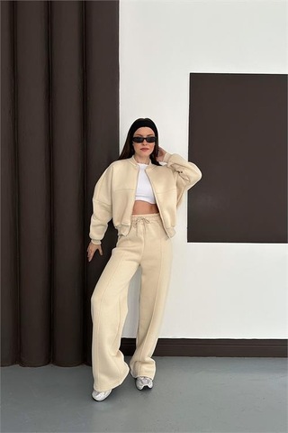 Neşeli Butik Kadın Bej Fermuarlı 3 İplik Eşofman Takımı Nbesf01 Bej