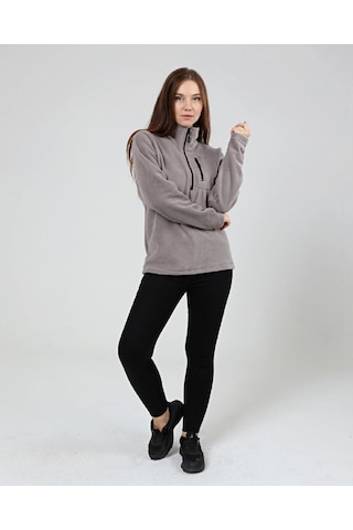 Genius Store Kadın Polar Yarım Fermuarlı Outdoor Cepli Spor Polar Gri Açık Gri