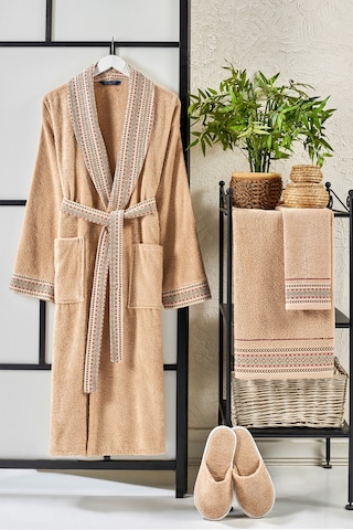 Vevien Ansaaj Jakarlı 4 Parça Bornoz Seti Bej