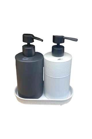 2 Li Stonware Seramik Sıvı Sabunluk 400ml + 400ml Tepsili