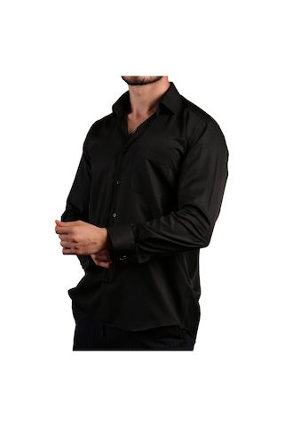 Siyah Büyük Beden Rahat Kesim Micro Kumaş Kol Düğmeli Regular Fit Erkek Gömlek - 190-6 001