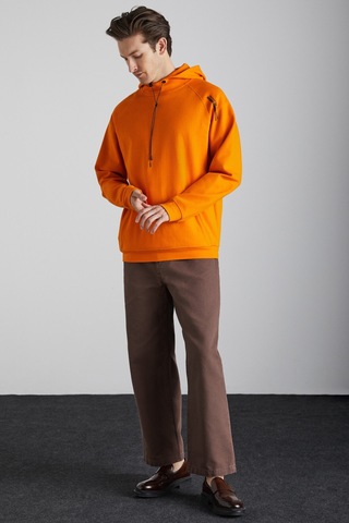 Grimelange Malagos Erkek Içi Polarlı Yumuşacık 3 Iplik Içi Şardonlu Regular Kapüşonlu Turuncu Sweatshirt