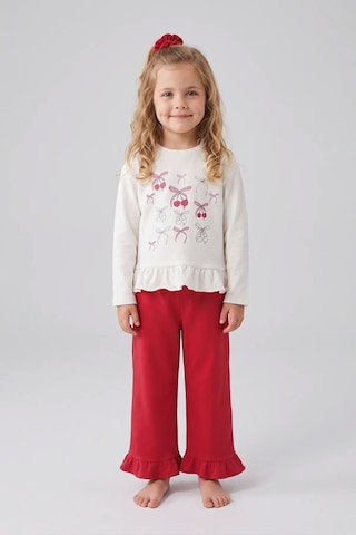 Zuzunga Kız Çocuk Cherry Fiyonk Desenli Fırfırlı Pijama Takımı Toka Hediyeli Kırmızı