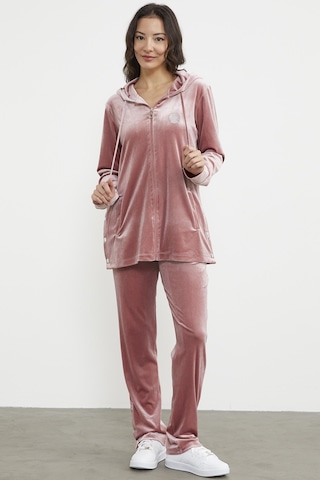 Tam Fermuarlı Tunik Boy Kadife Eşofman Takım - Pudra 001
