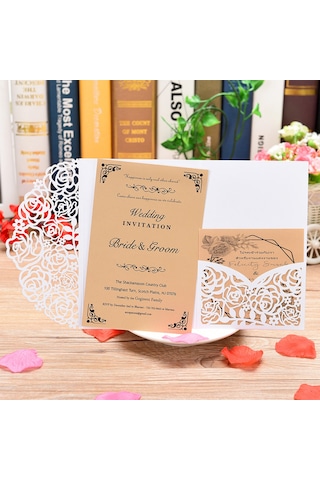 Mufunye "10 Adet İnci Kağıdı Çiçek Desenli Davetiye Kartı - Düğün, Doğum Günü, Yıldönümü İçin Şık Set" XL