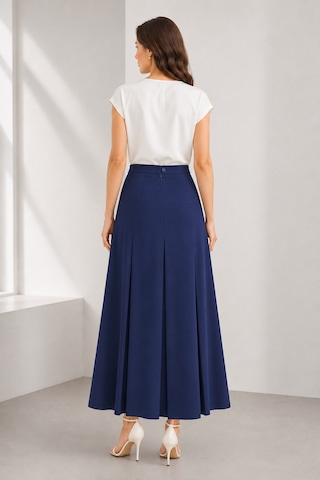 Bihan Store Yüksek Bel Pile Detaylı Uzun Kadın Etek Tam Boy Kloş Kesim 3645-indigo İndigo