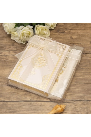 Hediyelik Kuran-ı Kerim, İnci Tesbih, Seccade, Asetat Kutulu 25x18 Cm Mevlid Paketi-krem