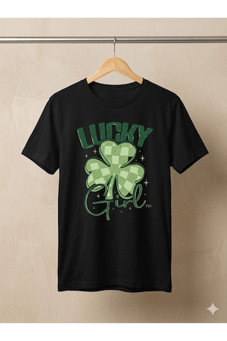 Kadın Lucky Girl Yonca Baskılı Kompakt T-shirt Siyah