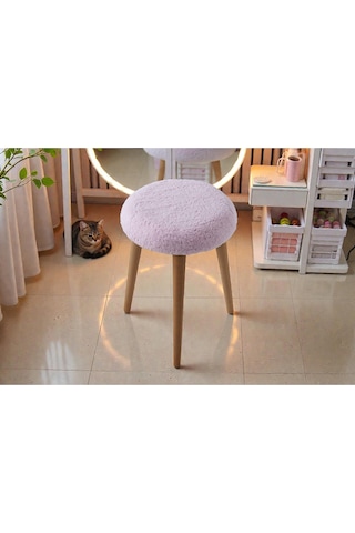 Modern Ahşap Ayaklı Teddy Kumaş Tabure Makyaj Masası & Ayak Dinlendirme Elegant Pembe Pembe