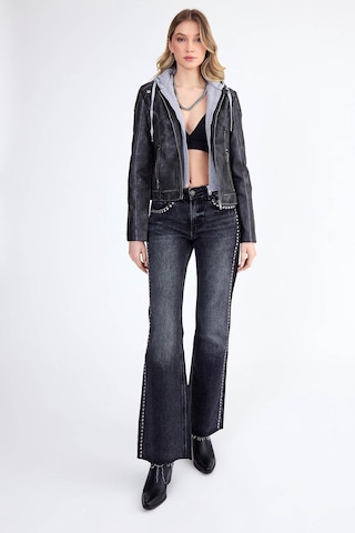 Vitrin Kapüşonlu Suni Deri Crop Biker Ceket Siyah