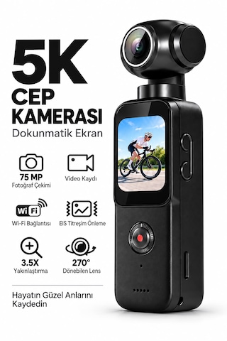 5k Cep Kamerası 3.5x Zoom 270 Derece Dönebilen Lens Eıs Titreşim Önleme Wifi Bağlantısı 5k Uhd Video Kaydı 75mp Fotoğraf Çekimi Dokunmatik Ekran Hızlı Odaklanma Çoklu Dil Desteği Aksiyon Kamerası