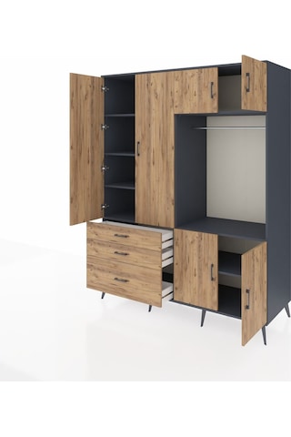 Kronos Gardrop 7 Raflı 3 Çekmeceli Tek Askılı 176x59x221 Antrasit-çam Çam