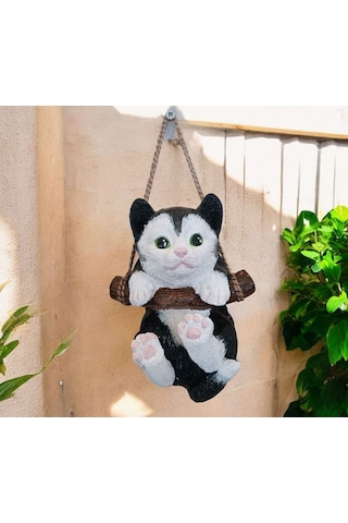 1 Adet Dekoratif Sallanan Duvar Ve Bahçe Süsü Kedi Siyah-beyaz