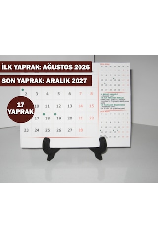 Ağustos 2026 - Aralık 2027 Yılı Masa Takvimi 17 Yaprak Takvim Hicri Dini Günler Resmi Tatiller