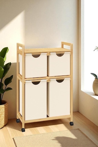 Bambu 4 Bölmeli Kirli Sepetli Çamaşır Sepeti Raflı Banyo Düzenleyici Db-0018 Kahverengi