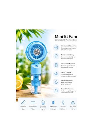 Glr K09 Mavi Şarjlı Sulu Mini Vantilatör 3 Kademeli Taşınabilir El Fanı, Nemlendiricili Buharlı Fan