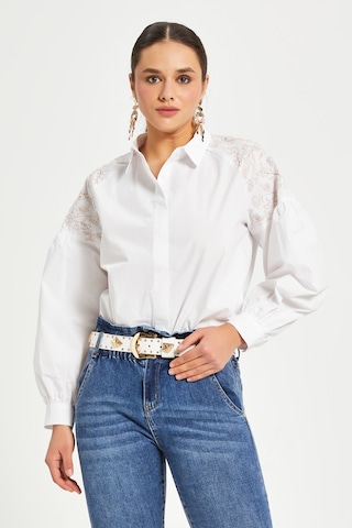 Kadın Nakış Detaylı Pamuk Gömlek Düğmeli, Uzun Kollu, %100 Cotton Beyaz