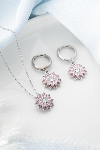 Tr 925 Ayar Gümüş Pembe Taşlı Kolye Küpe Set, Kadın Genel
