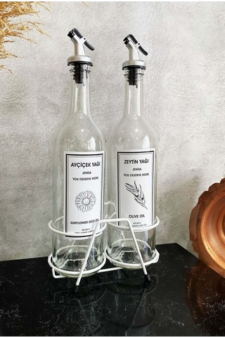 Beyaz Standlı Akıtıcılı Şeffaf 750 Ml Beyaz Etiketli Yağlık Yağda