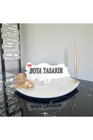 Doğal Beyaz Mermer Masa Ofis İsimlik Kalem Ve Aslanlı