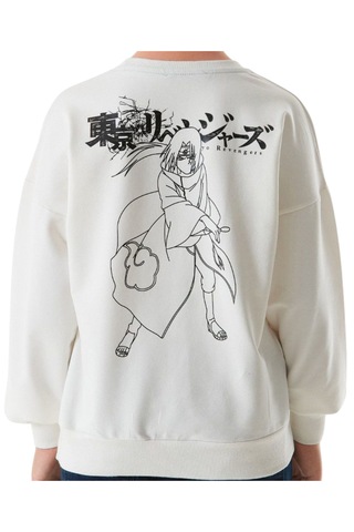 Erkek Çocuk Önü Arkası Anime Resim Yazı Desenli Beyaz Renk Sweatshirt Beyaz