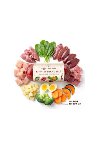 Kırmızı Ve Beyaz Etli Tahılsız Sebzeli Barf Köpek Maması 12.4 Kg - 271 G X 46