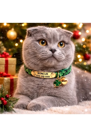 Sabit Künyeli İsimli Kedi Tasması, Güvenlik Kilitli Kedi Tasması, İsimli Kedi Tasması Zımbalı Model Yonca Desenli