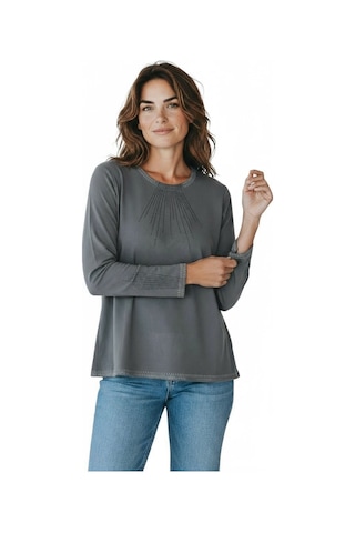 Kadın Yaka Ve Kol Ağzı Taşlı Etek Desenli Bluz Gri