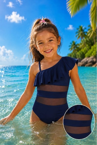 My Kids Wear Kız Çocuk Fırfır Ve Tül Detaylı Tek Parça Mayo. 12838 Lacivert