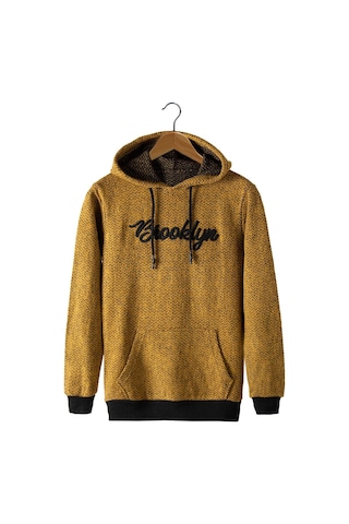 Erkek Hardal Kapüşonlu Kanguru Cepli Nakışlı Örme Sweatshirt HARDAL