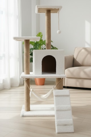 Missidea B07 Hamaklı Yuvalı Lüx Kedi Tırmalama Oyun Evi Beyaz