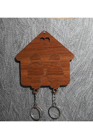 Ahşap Puzzle Tasarım Sevgili Çift Sevimli Ev Duvar Anahtarlık Kahverengi