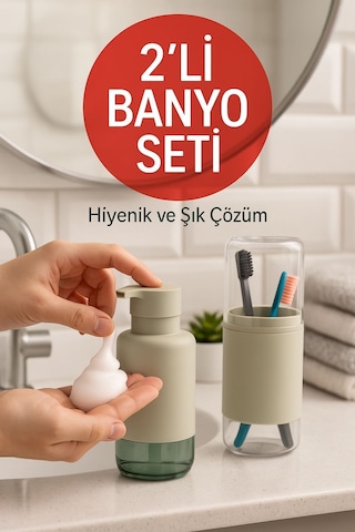 2'li Pratik Sıvı Sabunluk Ve Diş Fırçalık Seti Taş Gri Diğer