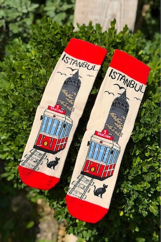 Lousocks Unisex İstanbul Nostaljik Tramvay Desenli Krem Soket Çorap