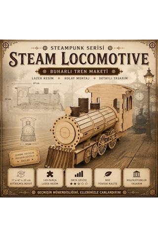 Algwood 3d Ahşap Buharlı Tren Lokomotif Maketi - Steam Train Nostalji Serisi 149 Parça Lazer -yetişkin Ve Genç Hobi Seti 47x17x22 Cm