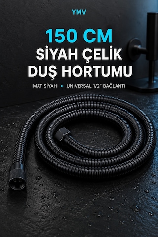 Ymv 150 Cm Siyah Pvc Duş Hortumu Esnek Dayanıklı Banyo Duş Başlığı Spiral Hortum
