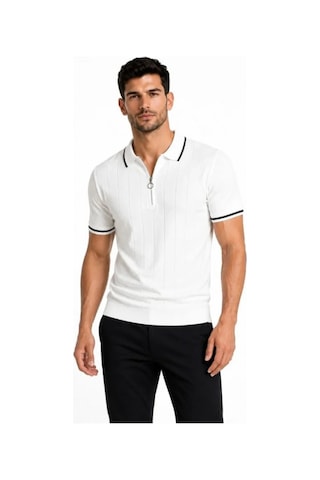 Efnaz Style Erkek Fitilli Triko T-shirt Polo Yaka Yarım Fermuarlı Kısa Kollu Tişört - Beyaz
