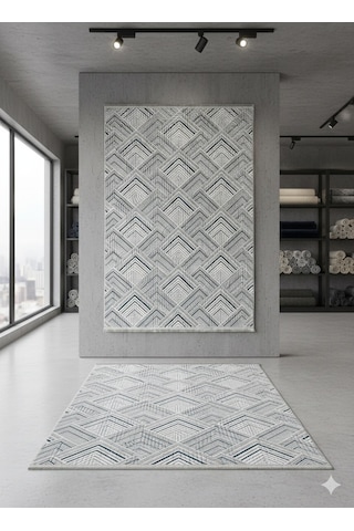 Konak Halı Modern Salon Halısı 3d Geometrik Desenli Gri Emboss Saçaklı Kaymaz Taban Açık Gri