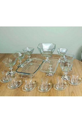 Çnr Home Collection Paşabahçe Gold Detaylı Metal Ayaklı Sunum & Servis Seti Pasta , Magnolia ,çay Seti , Kurabiyelik Gümüş
