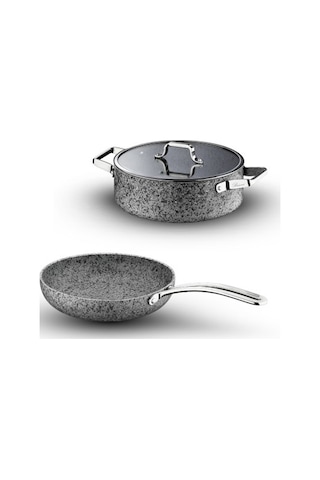Brioni Stone-age 3 Parça 24 Cm Basık- 24 Cm Tava Çizilmez Yanmaz Yapışmaz Kombin Tencere Tava Seti Gri