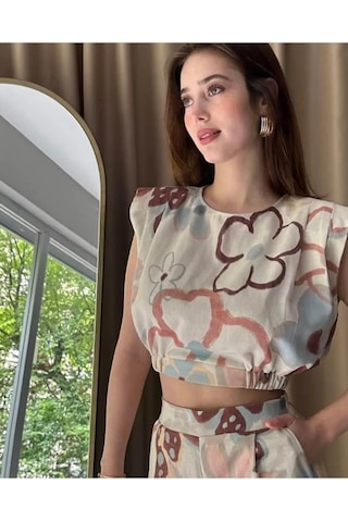 Büyük Pastel Çiçekli Vatkalı 80ler Lastikli Pantolon Crop Keten Yazlık İkili Takım Krem