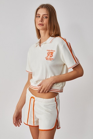 DZENKA Kadın Oversize Geniş Paça Yüksek Bel Ekru Alt-Üst Takım