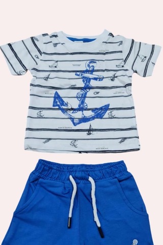 Riccotarz Erkek Bebek Çapa Baskılı Kısa Kol Çizgili Tişört Mavi Şortlu Takım Mavi